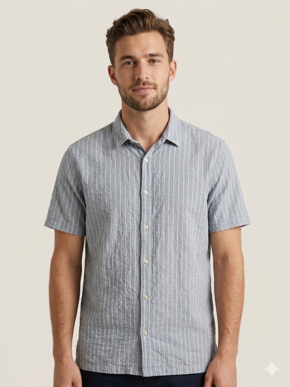Folk Sz XL Blue Cotton Linen Textured Short Sleeves Button Front Casual Shirt